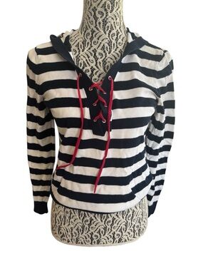 Tommy Hilfiger Navy & White Striped Lace-Up Hoodie with Red Drawcords